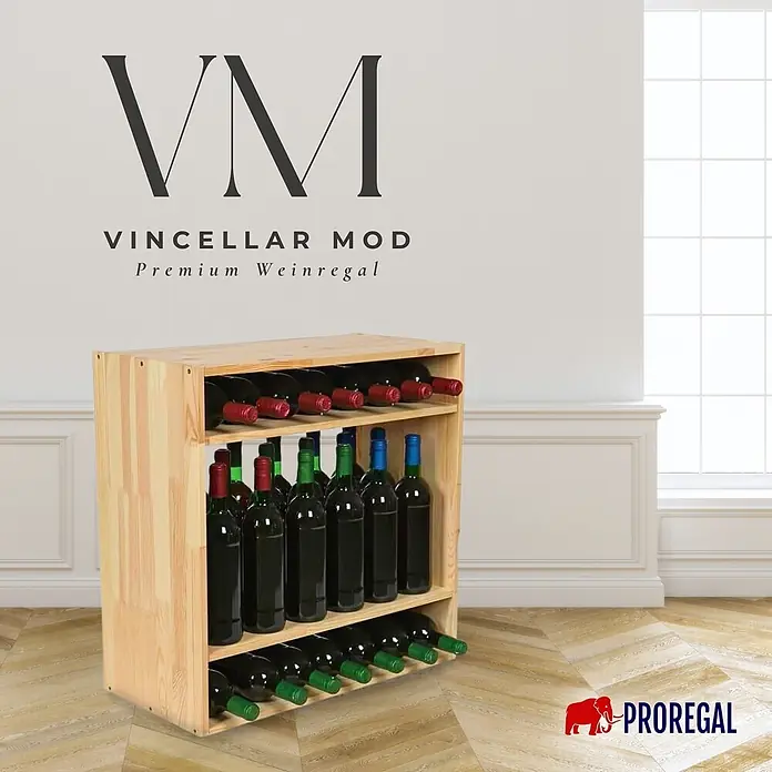Proregal Flaschenregal Modulares Weinregal VINCELLAR MOD für 32 Flaschen - L x B x H: 30 x 60 x 60 cm, Holz - Weinregal aus Naturholz, gefüllt mit Weinflaschen.