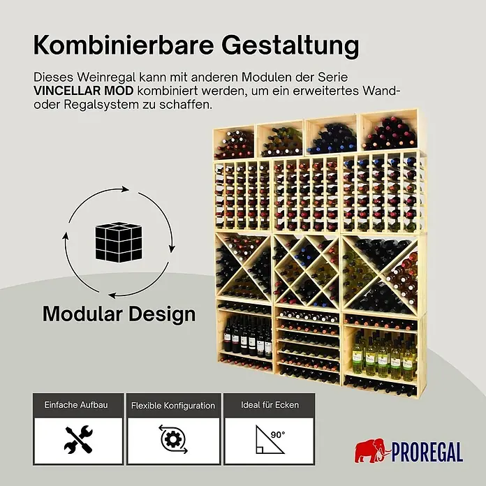 Proregal Flaschenregal Modulares Weinregal VINCELLAR MOD für 30 Flaschen - L x B x H: 30 x 60 x 60 cm, Holz - Modulares Weinregal aus Naturholz, mit Flaschen gefüllt. Einfach kombinierbar für flexible Lagerung und Ecken.