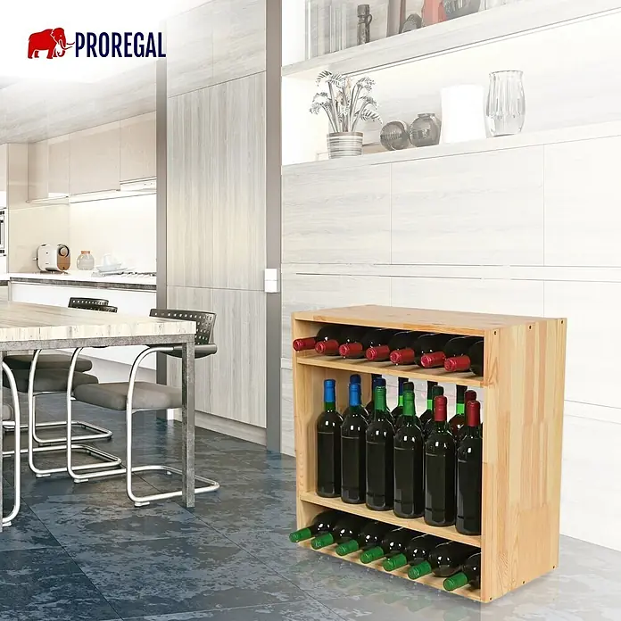 Proregal Flaschenregal Modulares Weinregal VINCELLAR MOD für 32 Flaschen - L x B x H: 30 x 60 x 60 cm, Holz - Weinregal aus hellem Holz für Flaschen, in einer modernen Küche platziert.