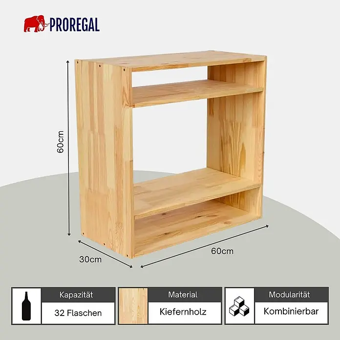 Proregal Flaschenregal Modulares Weinregal VINCELLAR MOD für 32 Flaschen - L x B x H: 30 x 60 x 60 cm, Holz - Ein helles, modulares Kiefernholzregal mit drei Fächern, 60x60x30cm, passend für bis zu 32 Flaschen.