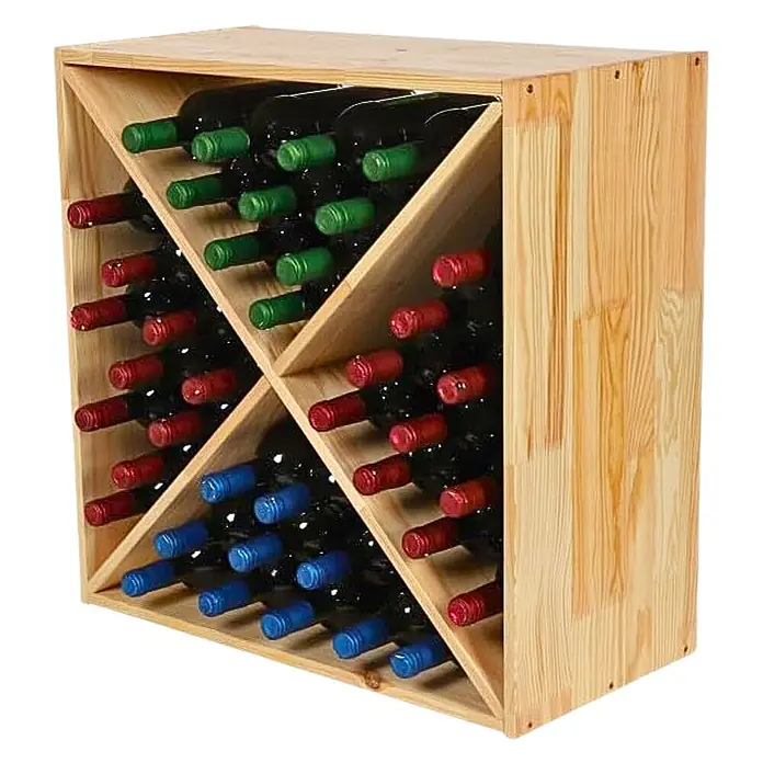 Proregal Flaschenregal Modulares Weinregal VINCELLAR MOD für 40 Flaschen - L x B x H: 30 x 60 x 60 cm, Holz - Helles Weinregal aus Holz mit X-förmigen Trennwänden, das Weinflaschen mit roten, grünen und blauen Kappen enthält.