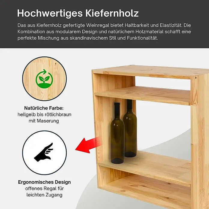 Proregal Flaschenregal Modulares Weinregal VINCELLAR MOD für 32 Flaschen - L x B x H: 30 x 60 x 60 cm, Holz - Ein Weinregal aus Kiefernholz mit offenem, modularem Design, das zwei Weinflaschen aufbewahrt. Es zeigt natürliche Holzmaserung.