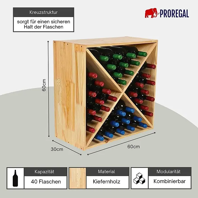 Proregal Flaschenregal Modulares Weinregal VINCELLAR MOD für 40 Flaschen - L x B x H: 30 x 60 x 60 cm, Holz - Weinregal aus Kiefernholz mit Kreuzstruktur für 40 Flaschen, 60x60x30 cm.