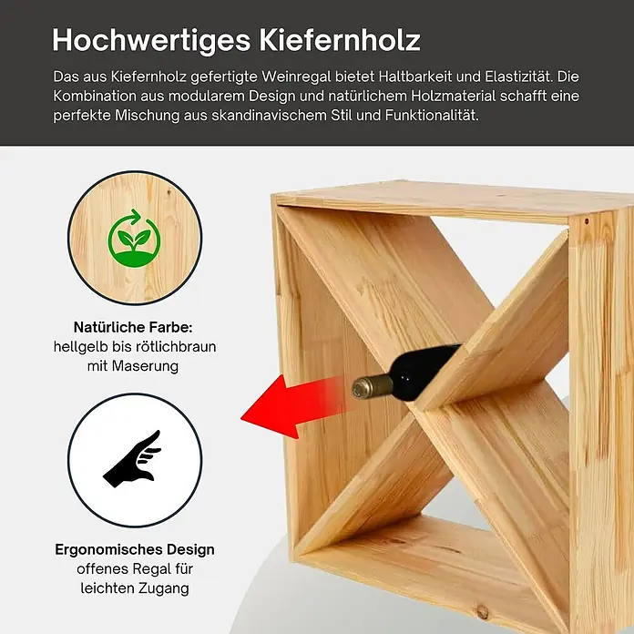 Proregal Flaschenregal Modulares Weinregal VINCELLAR MOD für 40 Flaschen - L x B x H: 30 x 60 x 60 cm, Holz - Weinregal aus Kiefernholz in hellgelb bis rötlichbraun, mit modularem Design für einfachen Zugriff auf Weinflaschen.