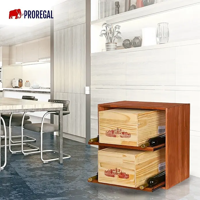Proregal Flaschenregal Modulares Weinregal VINCELLAR MOD für 12 Flaschen - L x B x H: 30 x 60 x 60 cm, Holz - Weinregal aus rotbraunem Holz, für zwei Weinkisten und Flaschen, auf Fliesenboden in moderner Küche.