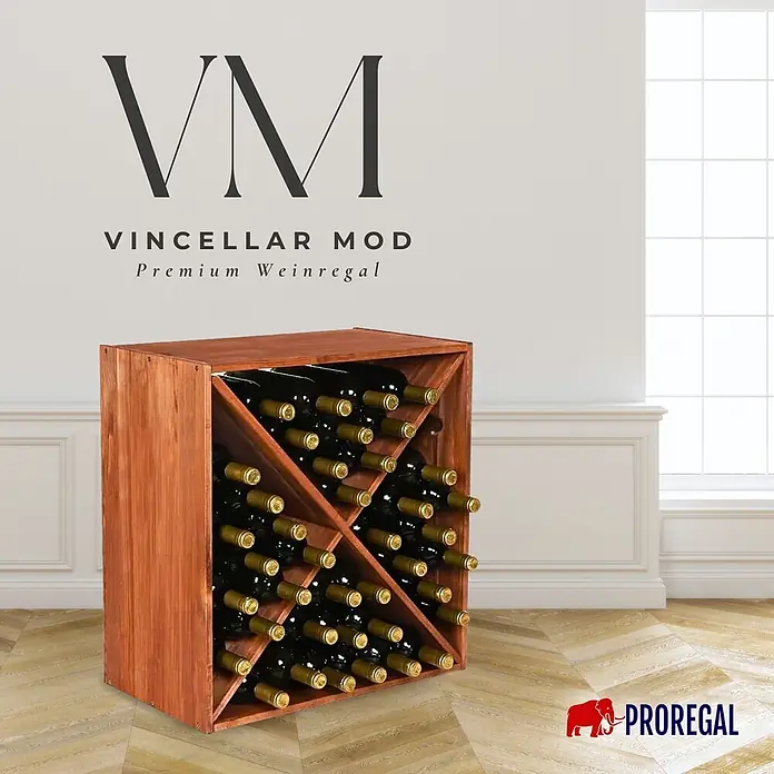 Proregal Flaschenregal Modulares Weinregal VINCELLAR MOD für 40 Flaschen - L x B x H: 30 x 60 x 60 cm, Holz - Rotbraunes Weinregal aus Holz mit Kreuzstreben, gefüllt mit Weinflaschen, in einem Raum.