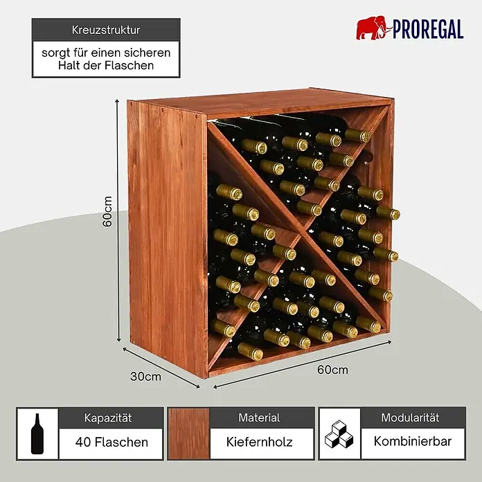 Proregal Flaschenregal Modulares Weinregal VINCELLAR MOD für 40 Flaschen - L x B x H: 30 x 60 x 60 cm, Holz - Braunes Kiefernholz Weinregal für 40 Flaschen, mit Kreuzstruktur und modularem Design.