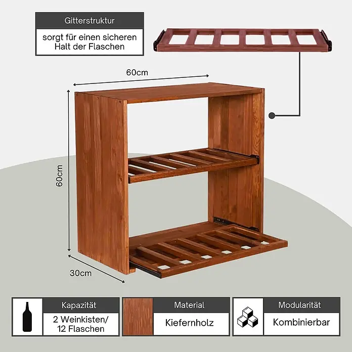 Proregal Flaschenregal Modulares Weinregal VINCELLAR MOD für 12 Flaschen - L x B x H: 30 x 60 x 60 cm, Holz - Modularer Weinregal aus braunem Kiefernholz, 60x60x30cm, mit zwei ausziehbaren Gitterebenen für sicheren Halt von 12 Flaschen.