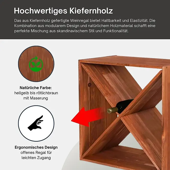 Proregal Flaschenregal Modulares Weinregal VINCELLAR MOD für 40 Flaschen - L x B x H: 30 x 60 x 60 cm, Holz - Kiefernholz-Weinregal in natürlicher, rötlich-brauner Farbe mit Maserung, modular und ergonomisch für einfachen Zugriff.