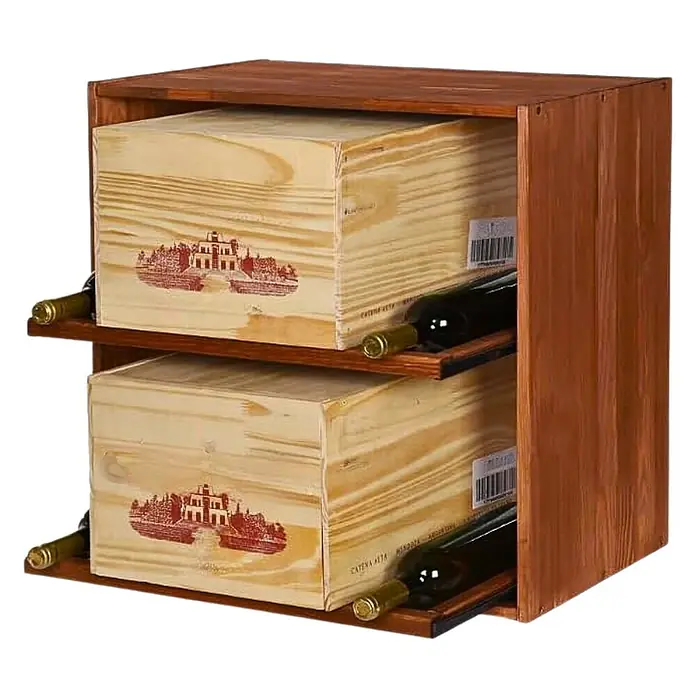 Proregal Flaschenregal Modulares Weinregal VINCELLAR MOD für 12 Flaschen - L x B x H: 30 x 60 x 60 cm, Holz - Braunes Weinregal aus Holz mit zwei hellen Weinkisten und vier liegenden Weinflaschen.