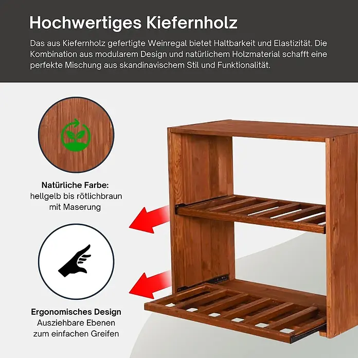 Proregal Flaschenregal Modulares Weinregal VINCELLAR MOD für 12 Flaschen - L x B x H: 30 x 60 x 60 cm, Holz - Weinregal aus Kiefernholz in natürlicher hellgelber bis rötlichbrauner Farbe mit Maserung. Ausziehbare Ebenen für einfachen Zugriff.