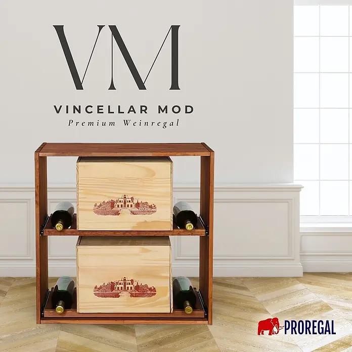 Proregal Flaschenregal Modulares Weinregal VINCELLAR MOD für 12 Flaschen - L x B x H: 30 x 60 x 60 cm, Holz - Dunkelbraunes Weinregal aus Holz mit zwei Weinkisten und vier Flaschen. Ideal für vielseitige Weinlagerung.