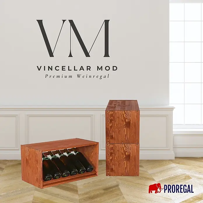 Proregal Flaschenregal Modulares Weinregal VINCELLAR MOD für 6 Flaschen - Holz - Zwei rötlich-braune Weinregale aus Holz, eines horizontal mit Flaschen und eines vertikal, in einem Raum präsentiert.
