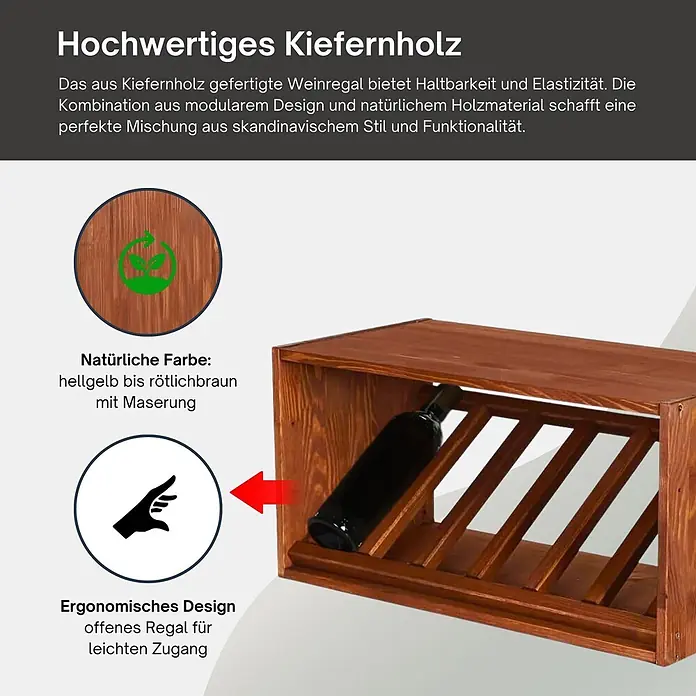 Proregal Flaschenregal Modulares Weinregal VINCELLAR MOD für 6 Flaschen - Holz - Weinregal aus Kiefernholz in natürlichem rötlich-braun mit Maserung, offenes Design für einfachen Flaschenzugang.