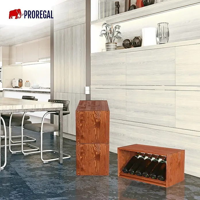Proregal Flaschenregal Modulares Weinregal VINCELLAR MOD für 6 Flaschen - Holz - Braune Weinregale aus Holz, eines vertikal gestapelt und eines horizontal mit Flaschen, in einer modernen Küche.