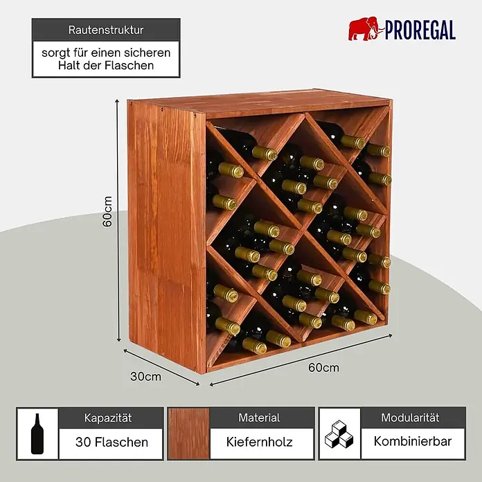 Proregal Flaschenregal Modulares Weinregal VINCELLAR MOD für 30 Flaschen - L x B x H: 30 x 60 x 60 cm, Holz - Braunes Kiefernholz-Weinregal mit Rautenstruktur für sicheren Halt von 30 Flaschen, modular.