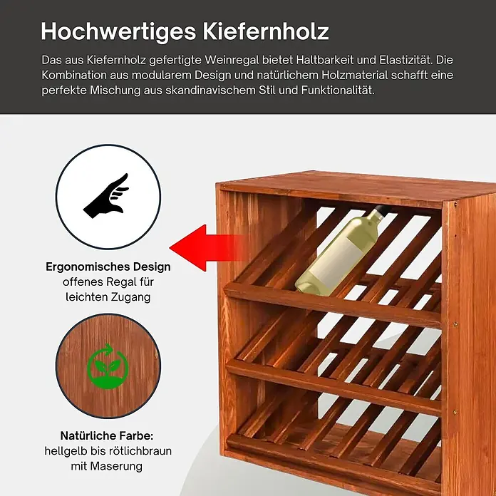 Proregal Flaschenregal Modulares Weinregal VINCELLAR MOD für 18 Flaschen - L x B x H: 30 x 60 x 60 cm, Holz - Weinregal aus Kiefernholz in natürlichem rötlich-braun, ergonomisches offenes Design für Weinflaschen.