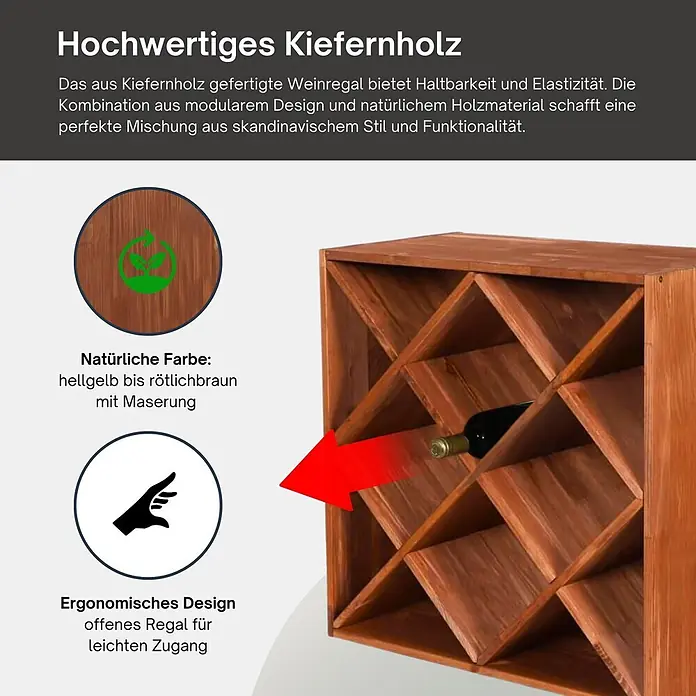 Proregal Flaschenregal Modulares Weinregal VINCELLAR MOD für 30 Flaschen - L x B x H: 30 x 60 x 60 cm, Holz - Hochwertiges Kiefernholz-Weinregal in natürlicher Farbe (hellgelb bis rötlichbraun mit Maserung), modular und ergonomisch für einfachen Zugang.