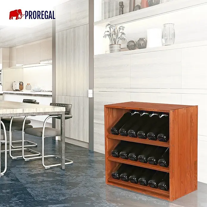 Proregal Flaschenregal Modulares Weinregal VINCELLAR MOD für 18 Flaschen - L x B x H: 30 x 60 x 60 cm, Holz - Rotbraunes Weinregal aus Holz mit 18 Flaschen, auf dunklem Fliesenboden in moderner Küche/Esszimmer.