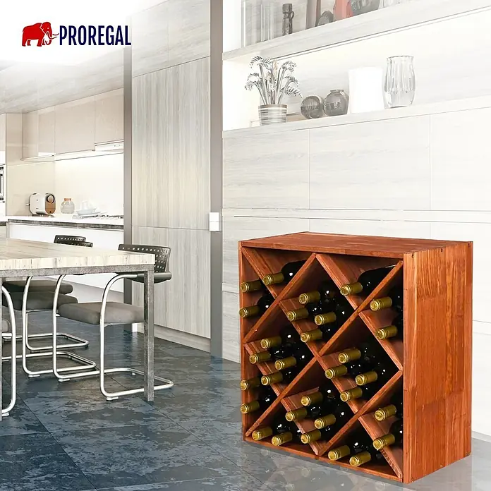 Proregal Flaschenregal Modulares Weinregal VINCELLAR MOD für 30 Flaschen - L x B x H: 30 x 60 x 60 cm, Holz - Rotbraunes Holzweinregal mit 24 Flaschen, in moderner Wohnumgebung platziert.