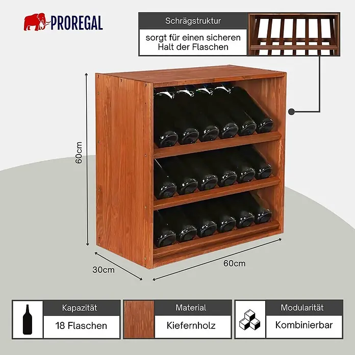 Proregal Flaschenregal Modulares Weinregal VINCELLAR MOD für 18 Flaschen - L x B x H: 30 x 60 x 60 cm, Holz - Braunes Kiefernholz-Weinregal mit schrägen Böden für 18 Flaschen, 60x30x60cm, kombinierbar.