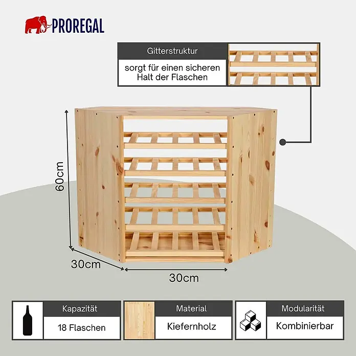 Proregal Flaschenregal Modulares Weinregal VINCELLAR MOD für 18 Flaschen - Holz - Weinregal aus natürlichem Kiefernholz mit Gitterstruktur, modular, für 18 Flaschen.