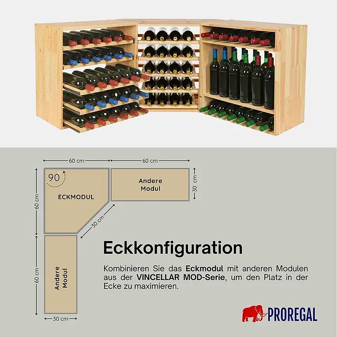 Proregal Flaschenregal Modulares Weinregal VINCELLAR MOD für 18 Flaschen - Holz - L-förmiges Weinregal aus Holz, als Eckmodul konfiguriert und mit Weinflaschen gefüllt.