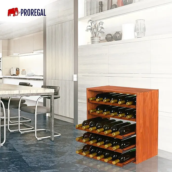 Proregal Flaschenregal Modulares Weinregal ELSASS 60x60x30cm Auszug Modul für 30 Flaschen Braun - L x B x H: 30 x 60 x 60 cm, Holz - Weinregal aus Holz, gefüllt mit Weinflaschen, in moderner Küche.