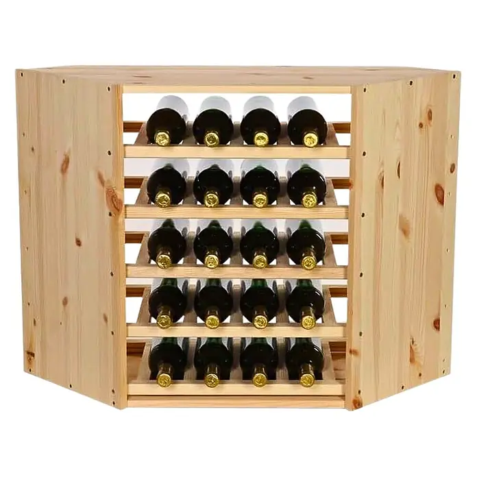 Proregal Flaschenregal Modulares Weinregal VINCELLAR MOD für 18 Flaschen - Holz - Helles Kiefernholz Eck-Weinregal, gefüllt mit Weinflaschen.