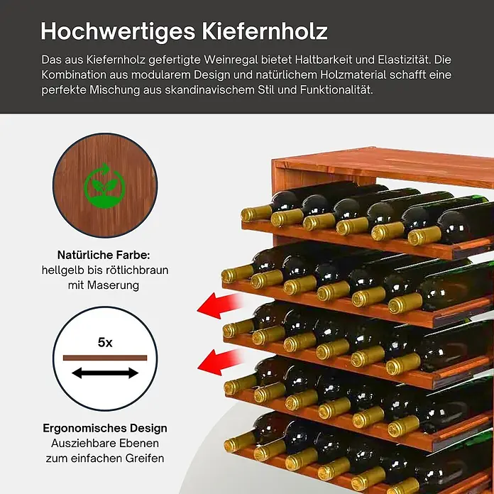 Proregal Flaschenregal Modulares Weinregal ELSASS 60x60x30cm Auszug Modul für 30 Flaschen Braun - L x B x H: 30 x 60 x 60 cm, Holz - Kiefernholz-Weinregal in naturhellgelb bis rötlichbraun, mit fünf ausziehbaren Ebenen für einfachen Zugriff.