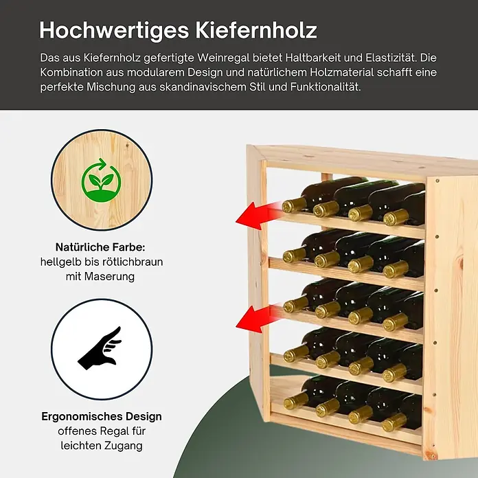 Proregal Flaschenregal Modulares Weinregal VINCELLAR MOD für 18 Flaschen - Holz - Kiefernholz-Weinregal mit offenem Design, das mehrere Flaschen hält. Natürliches hellgelbes bis rötlichbraunes Holz.