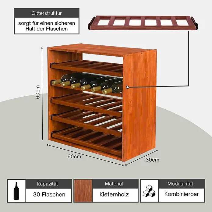 Proregal Flaschenregal Modulares Weinregal ELSASS 60x60x30cm Auszug Modul für 30 Flaschen Braun - L x B x H: 30 x 60 x 60 cm, Holz - Braunes Kiefernholz-Weinregal mit Gitterstruktur für 30 Flaschen, modular, 60x60x30cm.