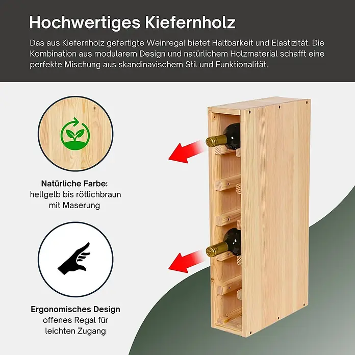 Proregal Flaschenregal Modulares Weinregal ELSASS 60x12x30cm Schmal Modul für 6 Flaschen Natur - L x B x H: 30 x 12 x 60 cm, Holz - Hochwertiges Kiefernholz-Weinregal in natürlicher Farbe, offenes Design für einfachen Zugriff.