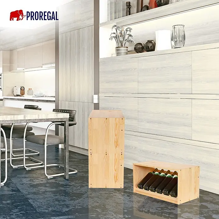 Proregal Flaschenregal Modulares Weinregal VINCELLAR MOD für 6 Flaschen - L x B x H: 30 x 60 x 30 cm, Holz - Zwei Weinflaschenregale aus Naturholz in moderner Küche; eines ist leer gestapelt, das andere enthält Weinflaschen.
