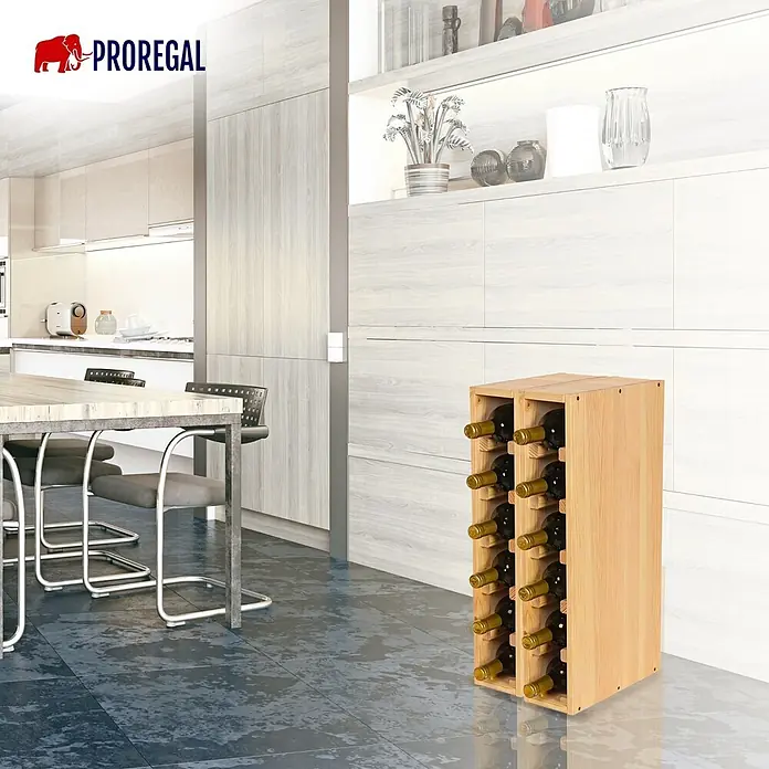 Proregal Flaschenregal Modulares Weinregal ELSASS 60x12x30cm Schmal Modul für 6 Flaschen Natur - L x B x H: 30 x 12 x 60 cm, Holz - Helles Holzweinregal mit Flaschen, auf dem Boden in einer modernen Küche stehend.