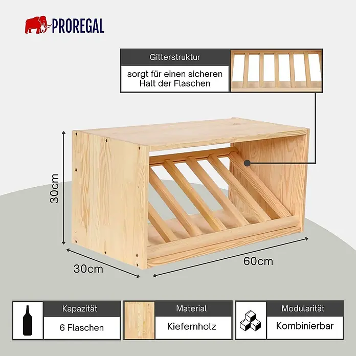 Proregal Flaschenregal Modulares Weinregal VINCELLAR MOD für 6 Flaschen - L x B x H: 30 x 60 x 30 cm, Holz - Weinregal aus hellem Kiefernholz für 6 Flaschen, modular und stapelbar.
