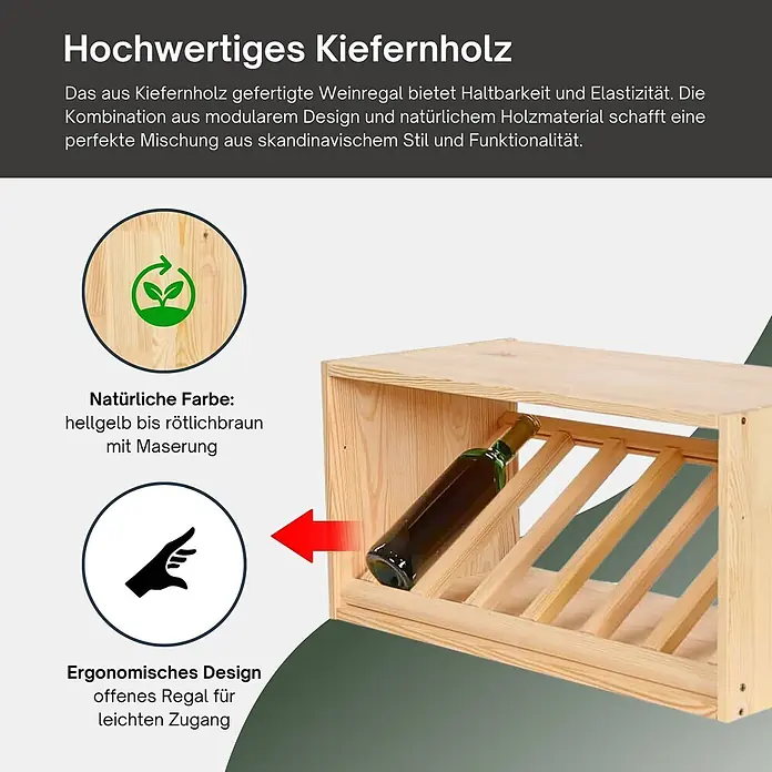 Proregal Flaschenregal Modulares Weinregal VINCELLAR MOD für 6 Flaschen - L x B x H: 30 x 60 x 30 cm, Holz - Weinregal aus hellem Kiefernholz mit natürlicher Maserung, offenem Design und Flasche für leichten Zugang.