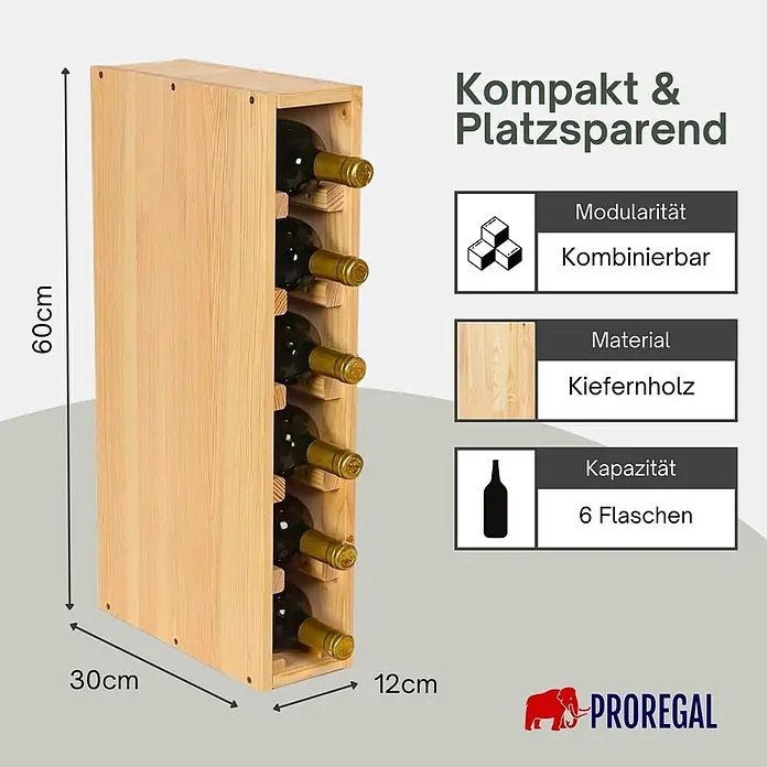 Proregal Flaschenregal Modulares Weinregal ELSASS 60x12x30cm Schmal Modul für 6 Flaschen Natur - L x B x H: 30 x 12 x 60 cm, Holz - Vertikales Weinregal aus hellem Kiefernholz, 60x30x12cm, für 6 Flaschen, modular und platzsparend.