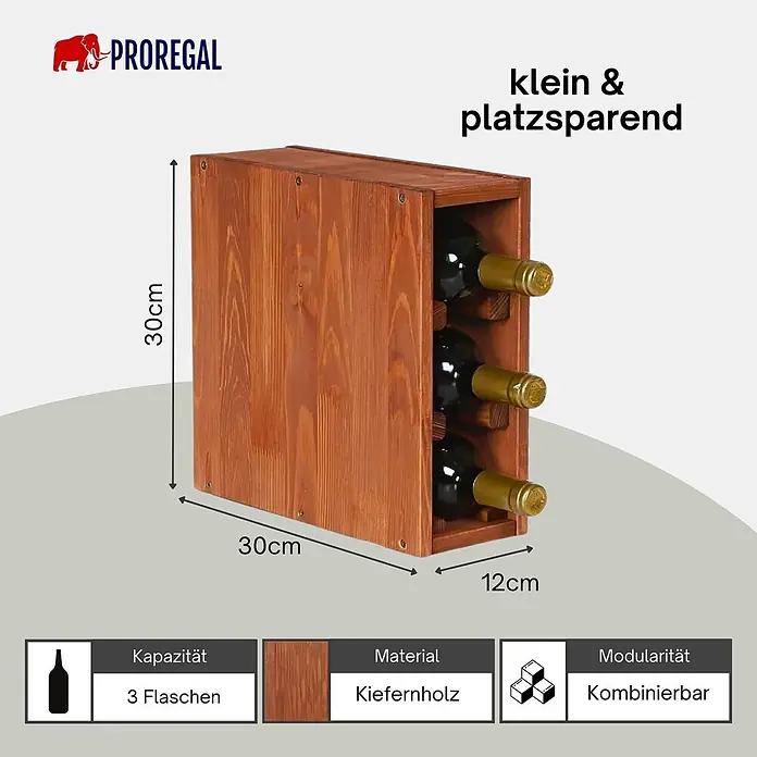 Proregal Flaschenregal Modulares Weinregal VINCELLAR MOD für 3 Flaschen - L x B x H: 30 x 12 x 30 cm, Holz - Klein, modulares Weinregal aus Kiefernholz für 3 Flaschen. Maße: 30x30x12cm.