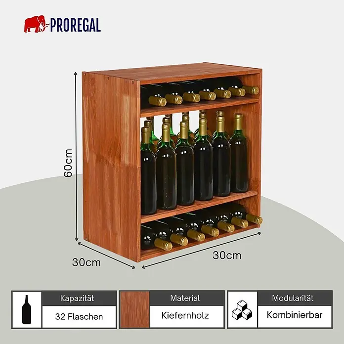 Proregal Flaschenregal Modulares Weinregal VINCELLAR MOD für 32 Flaschen - Holz - Braunes Weinregal aus Kiefernholz für 32 Flaschen, modular.