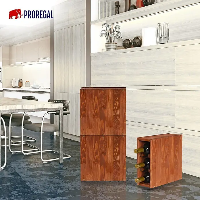 Proregal Flaschenregal Modulares Weinregal VINCELLAR MOD für 3 Flaschen - L x B x H: 30 x 12 x 30 cm, Holz - Braune Holz-Weinregalmodule, gestapelt und mit Flaschen, in moderner Küche.