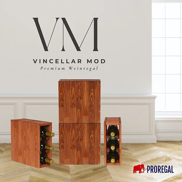 Proregal Flaschenregal Modulares Weinregal VINCELLAR MOD für 3 Flaschen - L x B x H: 30 x 12 x 30 cm, Holz - Modulare dunkelbraune Weinregale aus Holz, teils mit Flaschen, in einem eleganten Raum präsentiert.