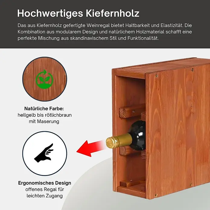 Proregal Flaschenregal Modulares Weinregal VINCELLAR MOD für 3 Flaschen - L x B x H: 30 x 12 x 30 cm, Holz - Weinregal aus Kiefernholz in Naturfarbe (hellgelb bis rötlichbraun) mit Maserung. Modulares, offenes Design für einfachen Flaschenzugang.