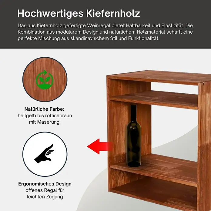 Proregal Flaschenregal Modulares Weinregal VINCELLAR MOD für 32 Flaschen - Holz - Hochwertiges Weinregal aus Kiefernholz in Hellgelb bis Rötlichbraun, offenes Design für einfachen Zugriff.