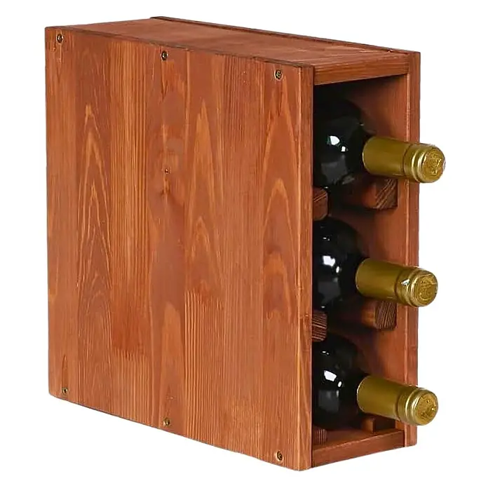 Proregal Flaschenregal Modulares Weinregal VINCELLAR MOD für 3 Flaschen - L x B x H: 30 x 12 x 30 cm, Holz - Braunes Holz-Weinregal mit drei dunklen Weinflaschen.
