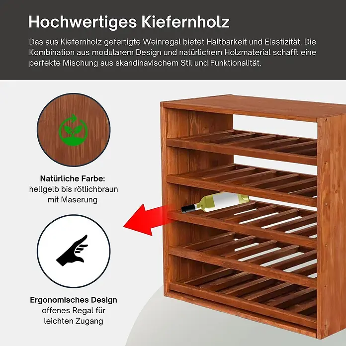 Proregal Flaschenregal Modulares Weinregal VINCELLAR MOD für 30 Flaschen - Holz - Weinregal aus Kiefernholz in rötlichbraun, offenes Design für einfachen Zugriff auf Flaschen.