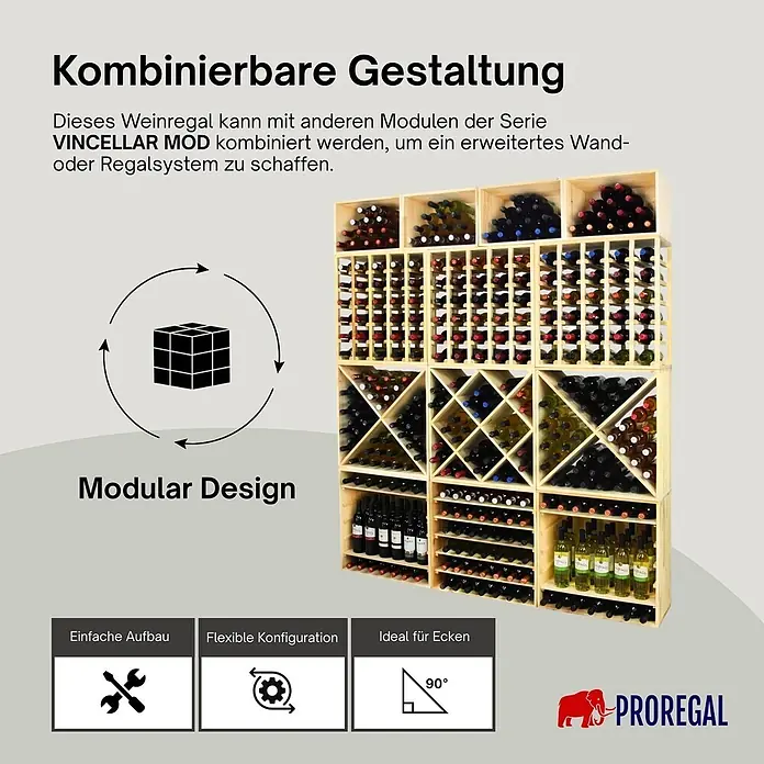 Proregal Flaschenregal Modulares Weinregal VINCELLAR MOD für 30 Flaschen - Holz - Ein großes modulares Weinregalsystem aus Holz, das verschiedene, mit Weinflaschen gefüllte Konfigurationen zeigt.