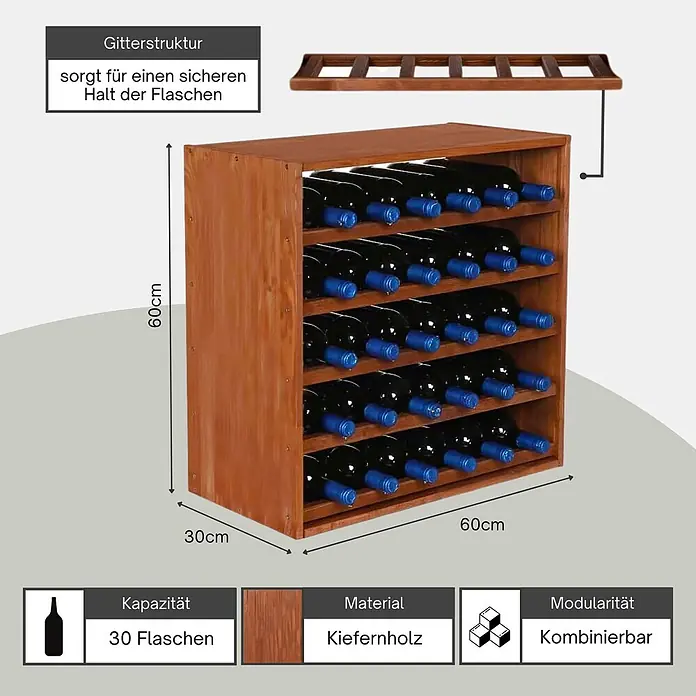 Proregal Flaschenregal Modulares Weinregal VINCELLAR MOD für 30 Flaschen - Holz - Braunes Kiefernholz-Weinregal, 60x60x30cm, fasst 30 Flaschen sicher und ist modular erweiterbar.