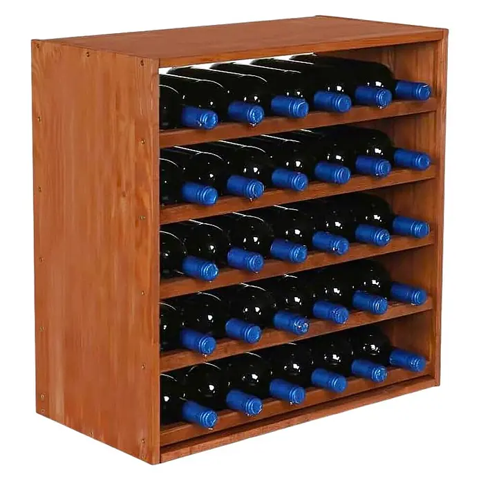 Proregal Flaschenregal Modulares Weinregal VINCELLAR MOD für 30 Flaschen - Holz - Braunes Weinregal aus Holz mit fünf Fächern, das 25 dunkle Weinflaschen mit blauen Kapseln enthält.