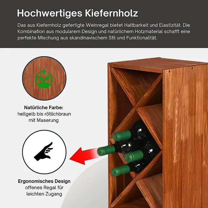 Proregal Flaschenregal Modulares Weinregal VINCELLAR MOD für 14 Flaschen - L x B x H: 30 x 30 x 60 cm, Holz - Weinregal aus Kiefernholz, hellgelb bis rötlichbraun mit Maserung, offenes Design für einfachen Zugang.